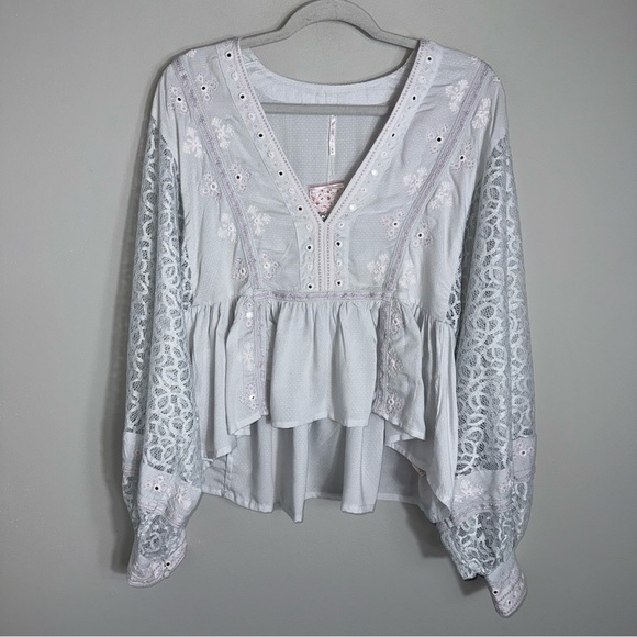 Free People Boogie All Night Blouse-Cropped Lace Balloon Sleeves-Boho-Blue-M-NWT - Picture 1 of 11